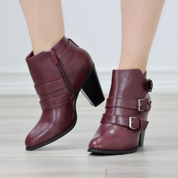 Ankle Boots Block Cone Heel Synthetic Leather Wine Almond Toe Buckles Zipper - Picture 6 of 12